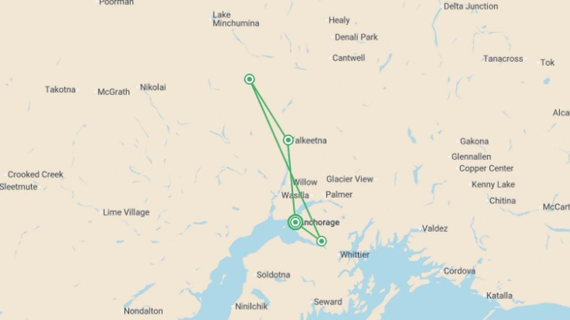 A map showing the tour itinerary for the trip: Jewels of Alaska, starting in Anchorage, USA and ending in Anchorage, USA going through 3 other destinations.