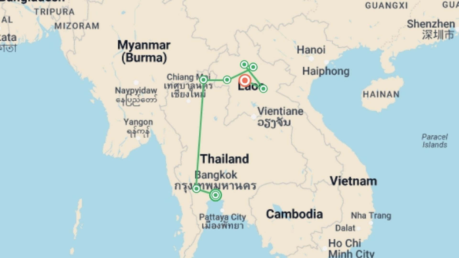 A map showing the tour itinerary for the trip: Thailand to Laos: Kanchanaburi, Chiang Rai & Laos Countryside, starting in Bangkok, Thailand and ending in Luang Prabang, Laos going through 6 other destinations.