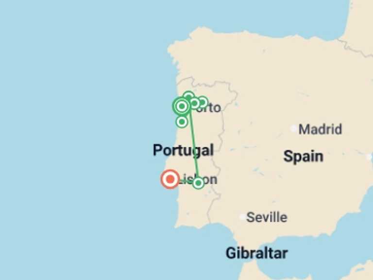 Map itinerary of Portugal Tour in March 2027 with 4 destination visits for the trip: Portugal's Old-World Charms featuring Douro Valley, Alentejo & Lisbon