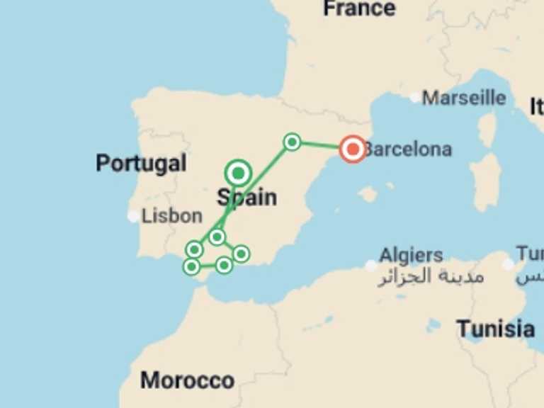 Map of Europe Tour with 8 destination visits for the trip: Ultimate Andalusia, Ending in Barcelona