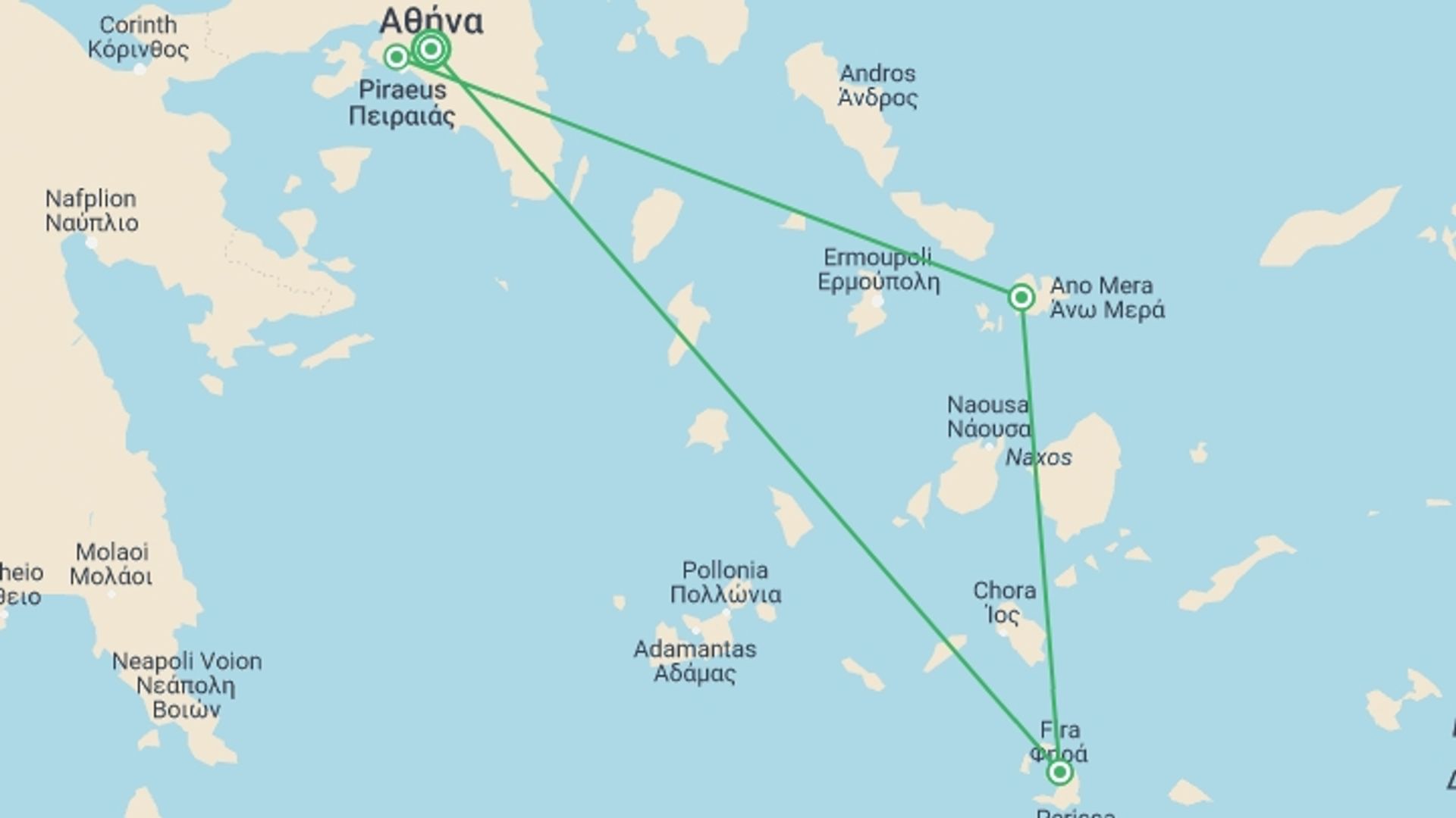 A map showing the tour itinerary for the trip: Cycladic Explorer: Athens – Mykonos – Santorini | 10 Days, starting in Athens, Greece and ending in Athens, Greece going through 2 other destinations.