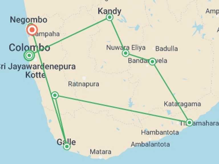 Map itinerary of Sri Lanka Tour in April 2027 with 8 destination visits for the trip: Splendors of Sri Lanka