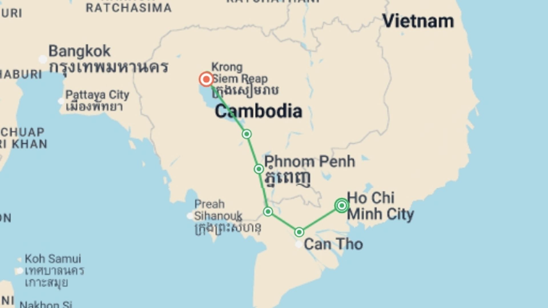 A map showing the tour itinerary for the trip: From the Mekong Delta to the Angkor Temples (port-to-port cruise), starting in Ho Chi Minh City, Vietnam and ending in Siem Reap, Cambodia going through 5 other destinations.