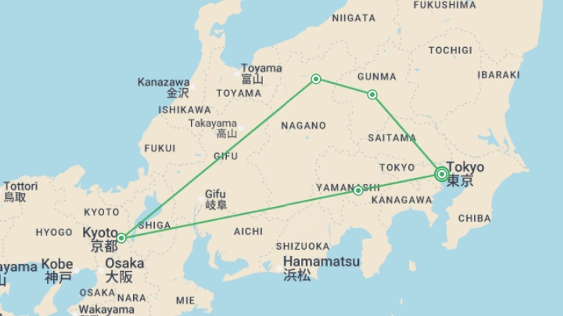 A map showing the tour itinerary for the trip: Central Japan, starting in Tokyo, Japan and ending in Tokyo, Japan going through 4 other destinations.
