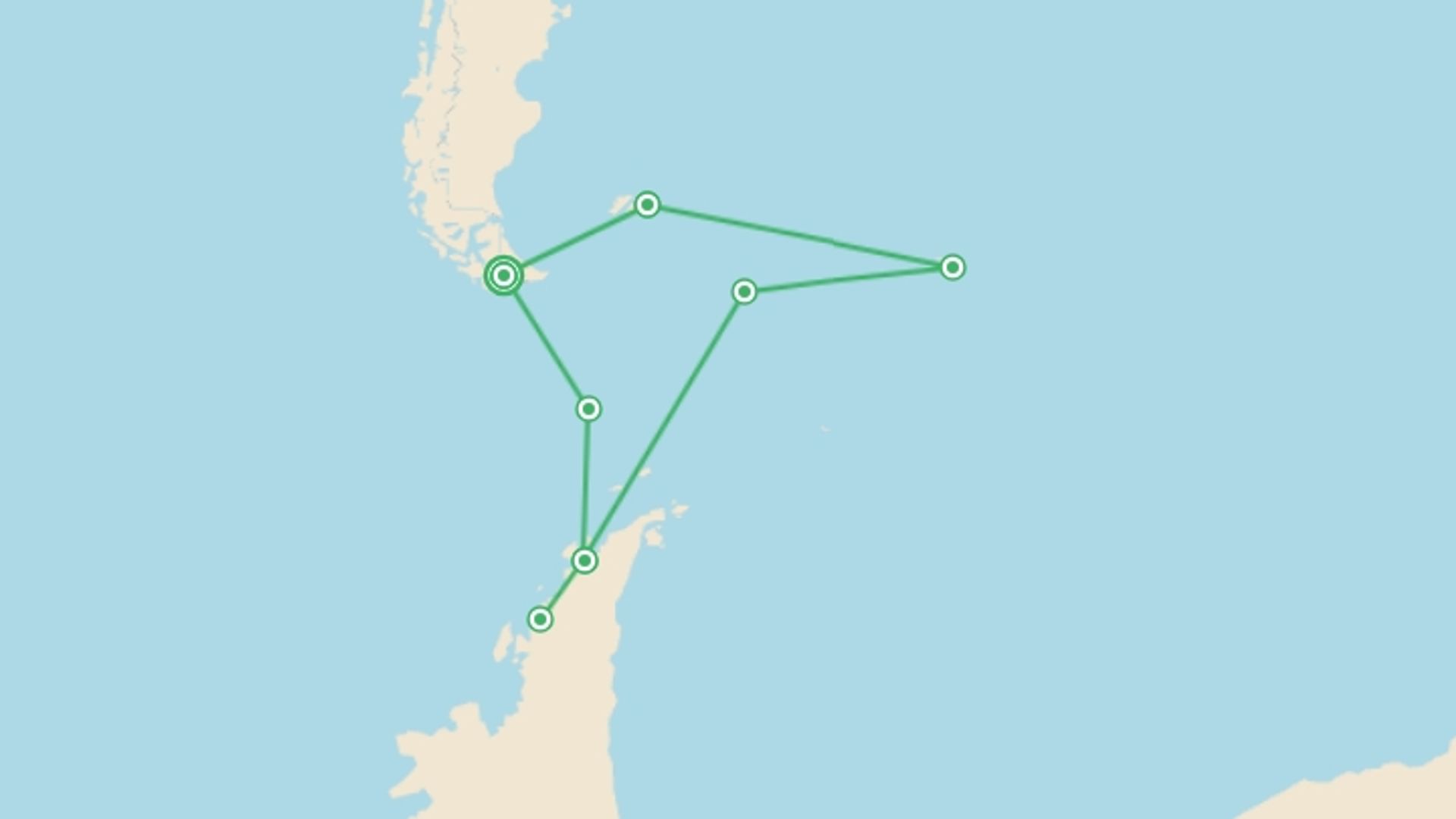 A map showing the tour itinerary for the trip: Ultimate Antarctica: Falklands, South Georgia & the Antarctic Circle, starting in Ushuaia, Argentina and ending in Ushuaia, Argentina going through 6 other destinations.
