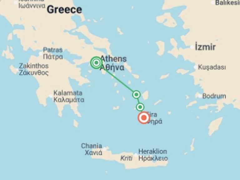 Map itinerary of Europe Tour in July 2026 with 4 destination visits for the trip: Greek Island Hopping: Paros, Ios & Santorini Sunsets