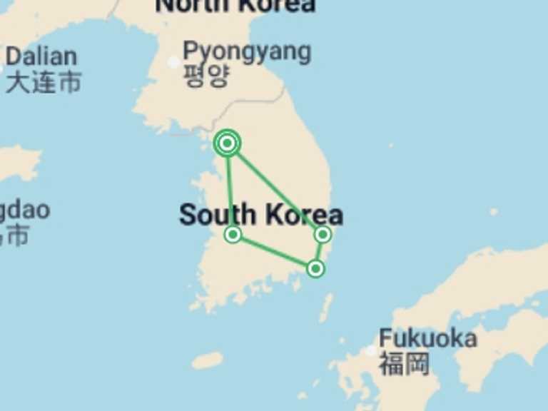Map itinerary of Asia Tour in November 2026 with 4 destination visits for the trip: South Korea: K-Pop & Kimchi
