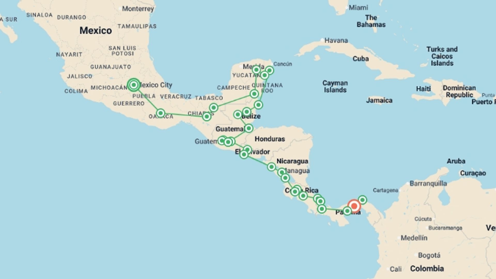 A map showing the tour itinerary for the trip: Total Central America: Two Months of Wild, starting in Mexico City, Mexico and ending in Panama City, Panama going through 28 other destinations.