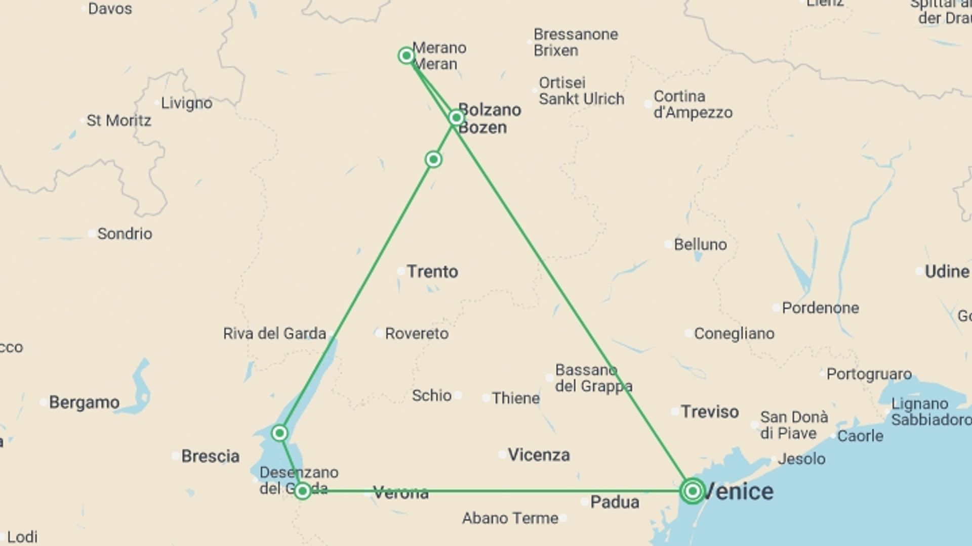 A map showing the tour itinerary for the trip: Cycle Dolomites, Lake Garda and Verona, starting in Venice, Italy and ending in Venice, Italy going through 6 other destinations.
