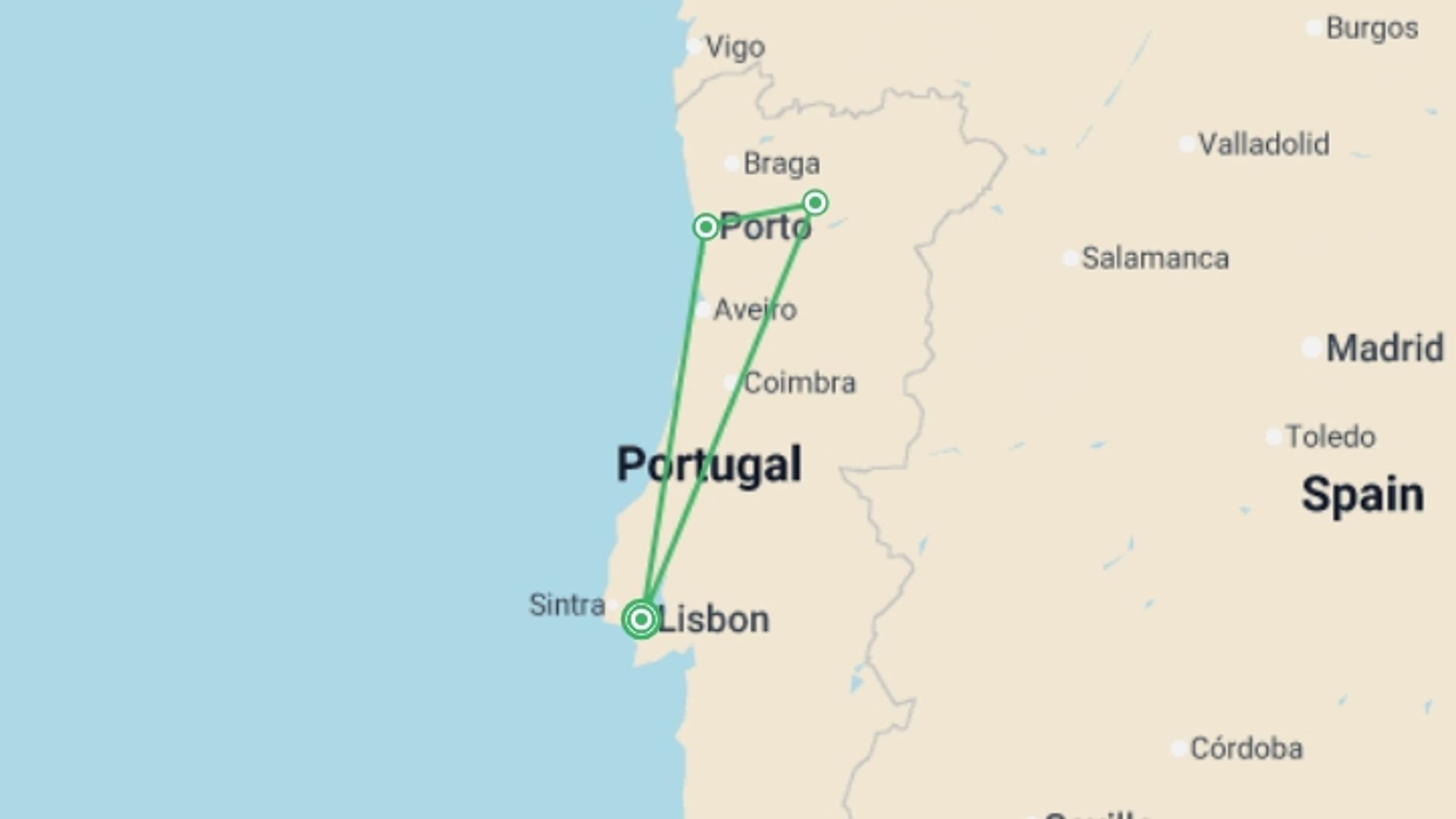 A map showing the tour itinerary for the trip: Signature Portugal: Lisbon, Porto & Beyond, starting in Lisbon, Portugal and ending in Lisbon, Portugal going through 2 other destinations.