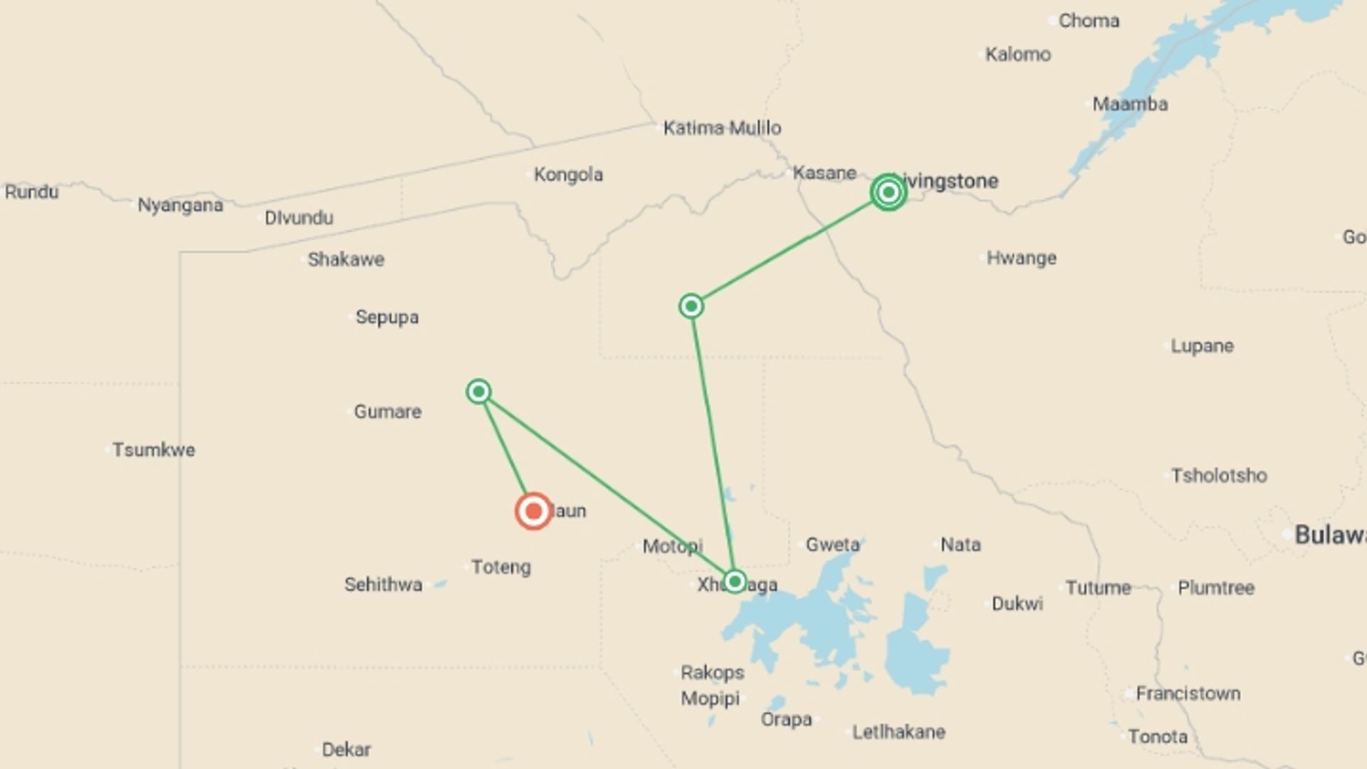 A map showing the tour itinerary for the trip: Victoria Falls and Botswana 35 to 45, starting in Victoria Falls, Zimbabwe and ending in Maun, Botswana going through 3 other destinations.