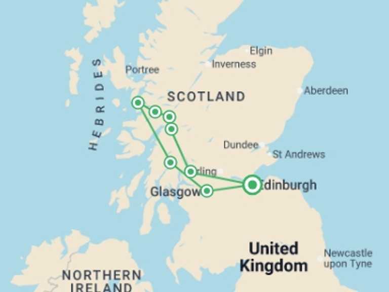 Map itinerary of Europe Tour in September 2026 with 2 destination visits for the trip: Glens, Coasts & The Harry Potter Train