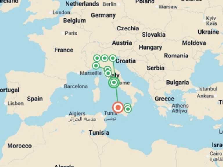Map of Europe Tour with 10 destination visits for the trip: Tutta Italia and Sicily with Aeolian Islands
