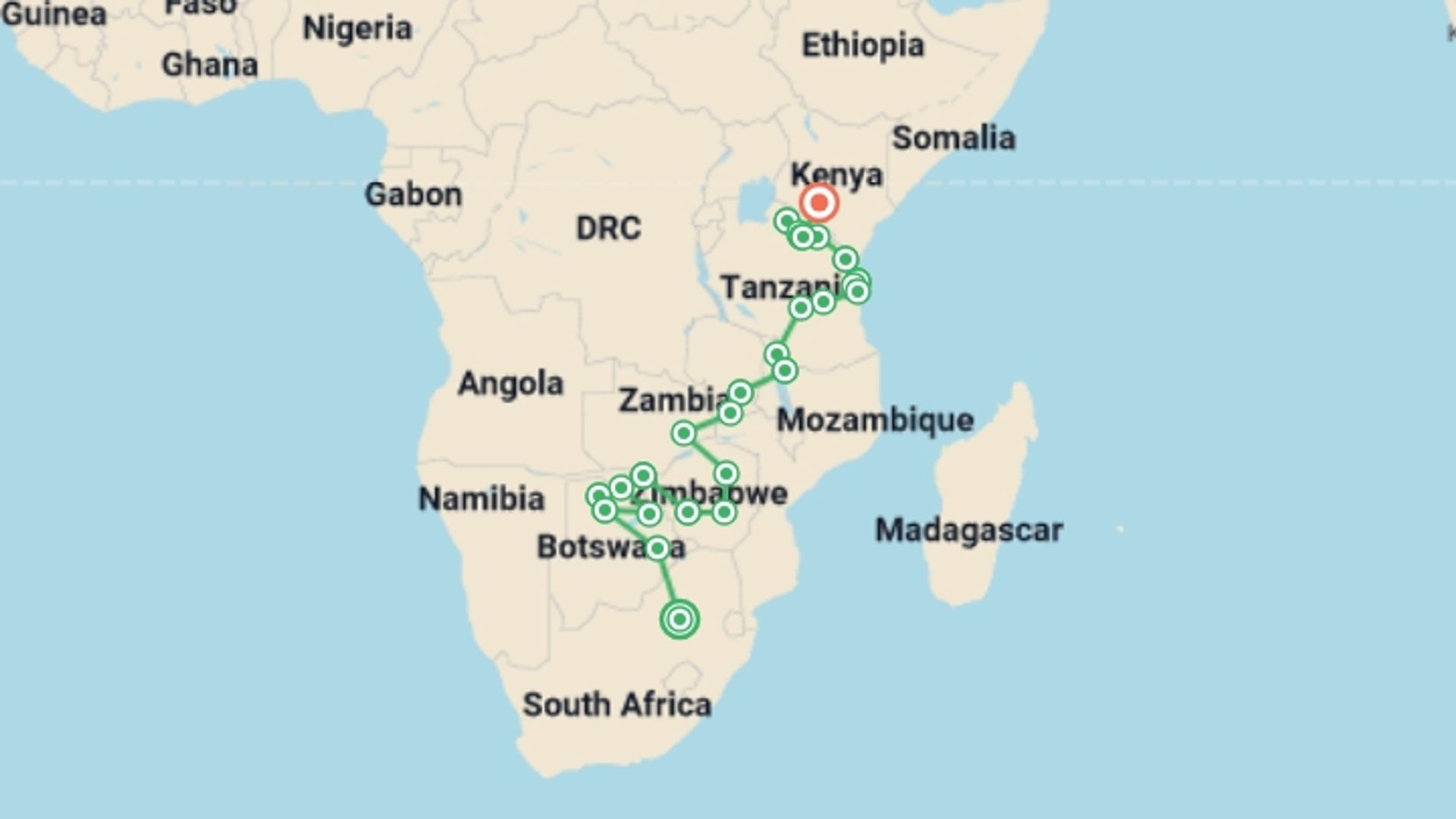 A map showing the tour itinerary for the trip: Johannesburg to Kenya, starting in Johannesburg, South Africa and ending in Nairobi, Kenya going through 24 other destinations.