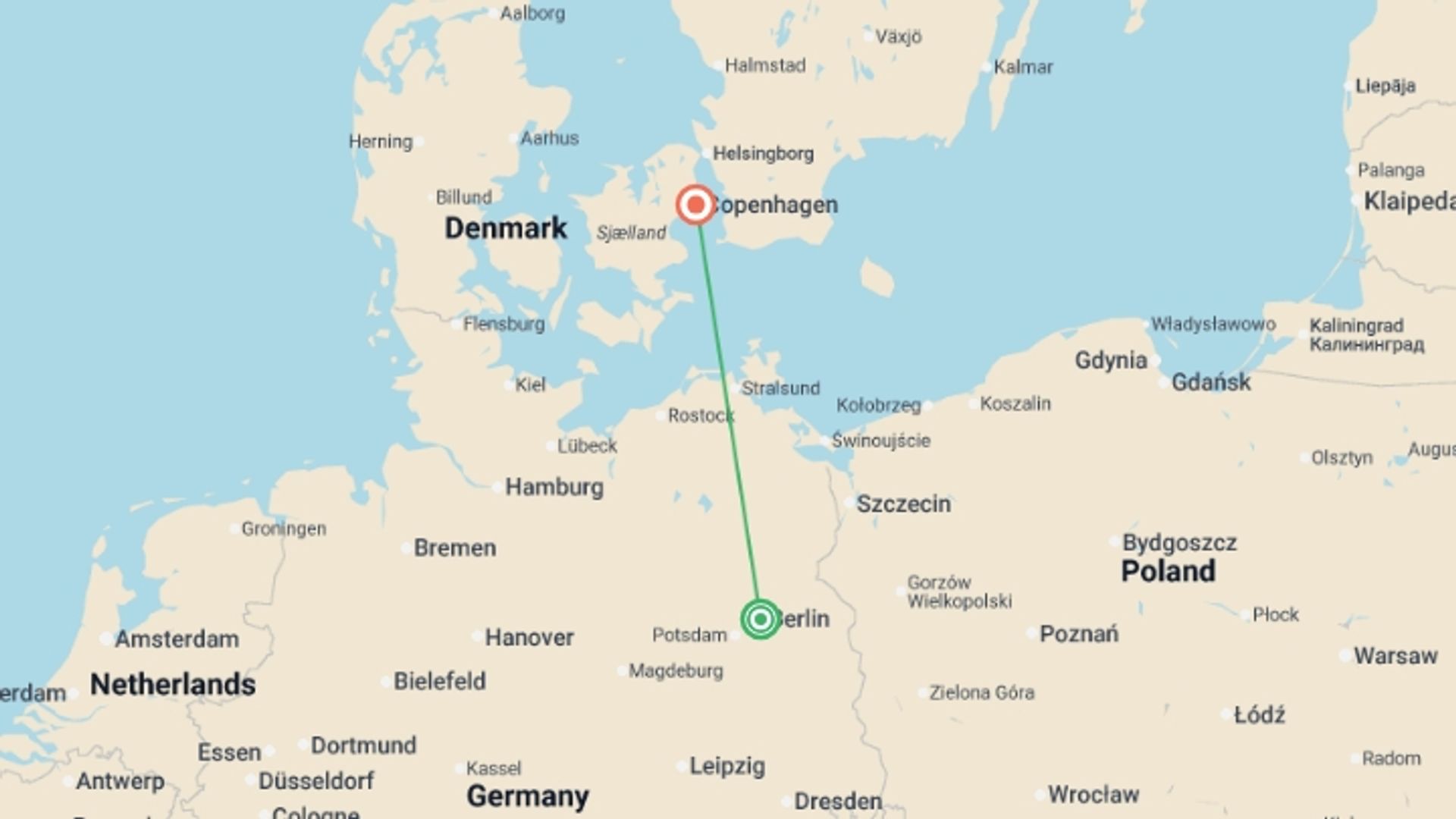 A map showing the tour itinerary for the trip: Explore Berlin to Copenhagen, starting in Berlin, Germany and ending in Copenhagen, Denmark going through 0 other destinations.