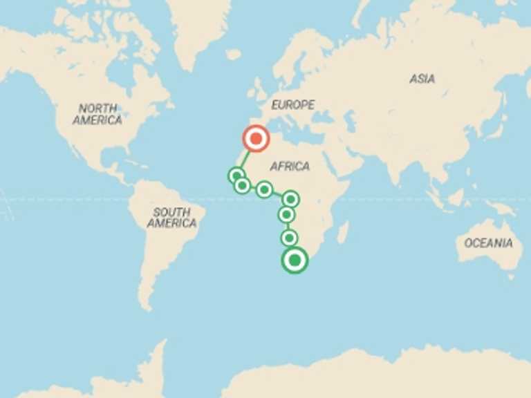 Map itinerary of Cape Town Tour in Spring with 10 destination visits for the trip: Cape Town to Fes (23 weeks) Trans Africa