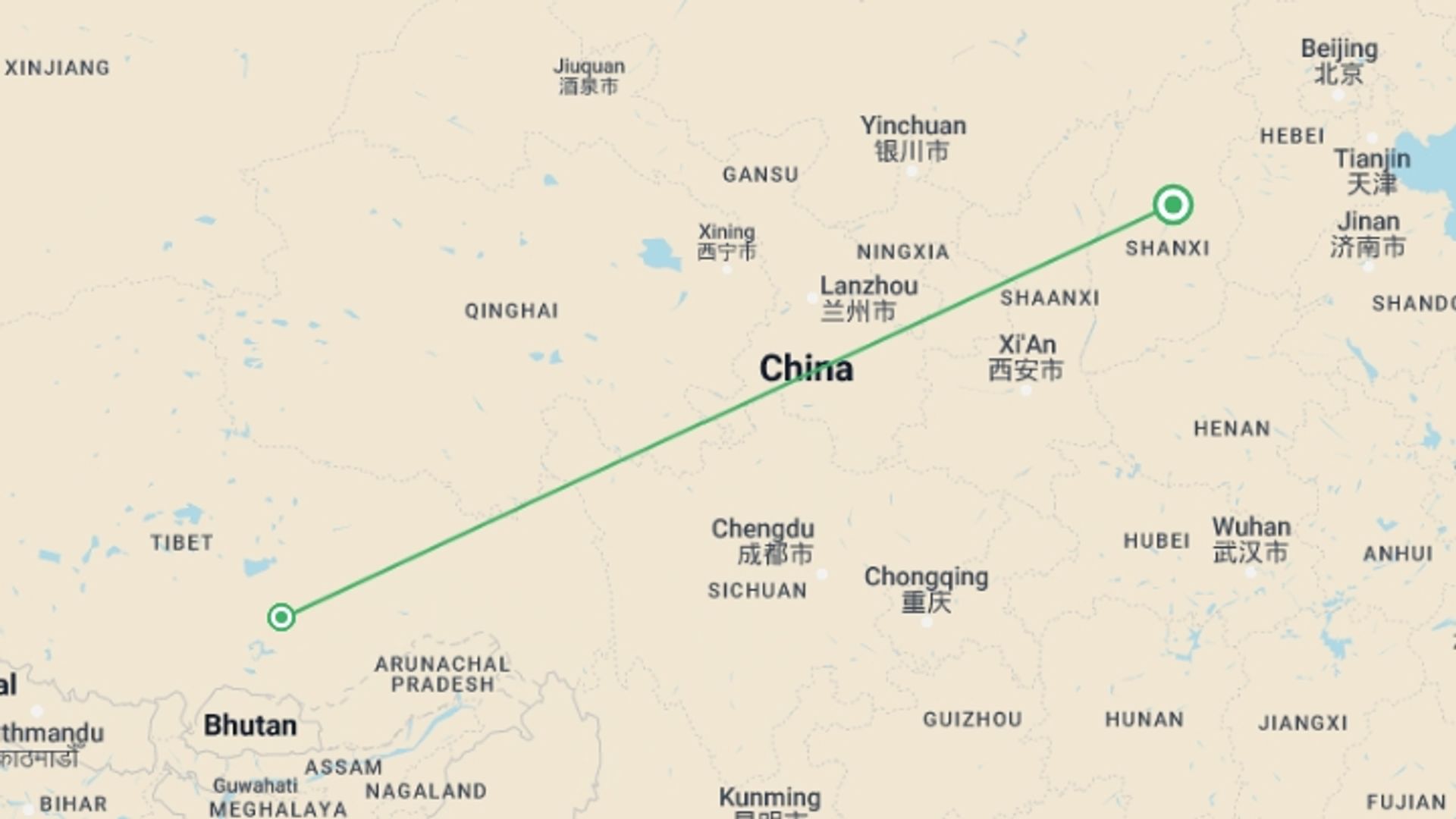 A map showing the tour itinerary for the trip: Lhasa Cultural Experience, Private Tour, starting in Taiyuan, China and ending in Taiyuan, China going through 1 other destinations.