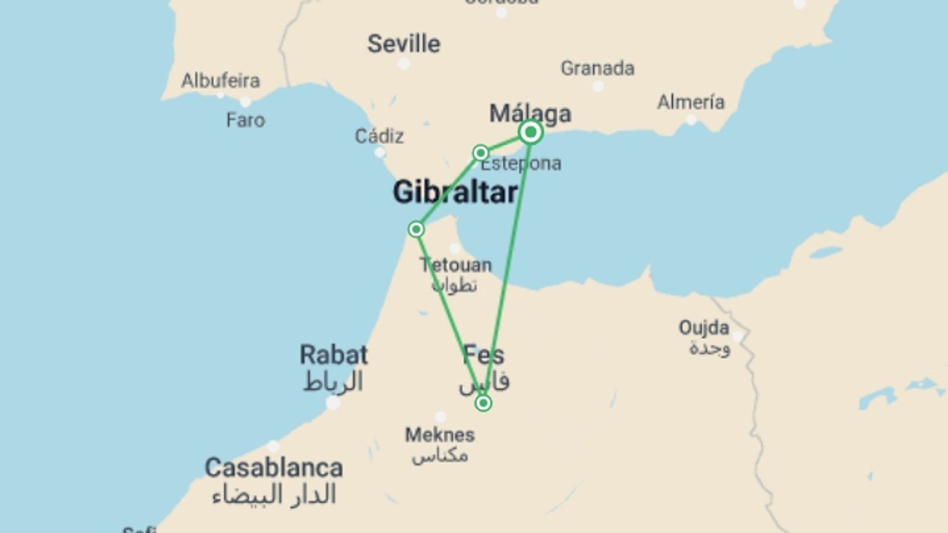 A map showing the tour itinerary for the trip: Morocco Flash, 4 Days From Costa Del Sol (c-3040), starting in Malaga, Spain and ending in Malaga, Spain going through 3 other destinations.