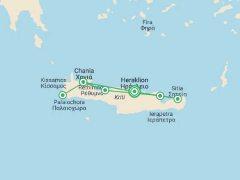 Map itinerary of Heraklion Tour in July 2026 with 5 destination visits for the trip: Discovering Crete, Self-drive