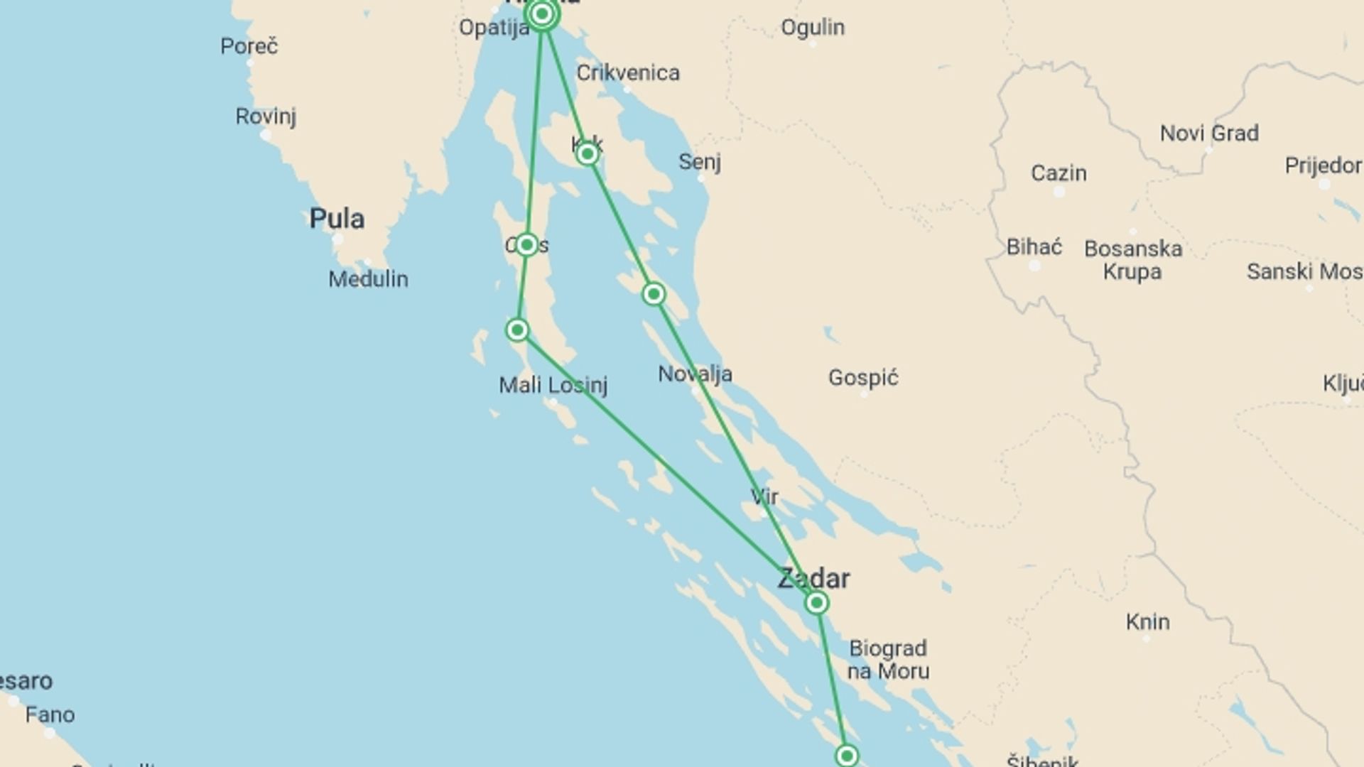 A map showing the tour itinerary for the trip: Highlights Of Kvarner To North Dalmatia Cruise (superior Boat Category), starting in Rijeka, Croatia and ending in Rijeka, Croatia going through 5 other destinations.