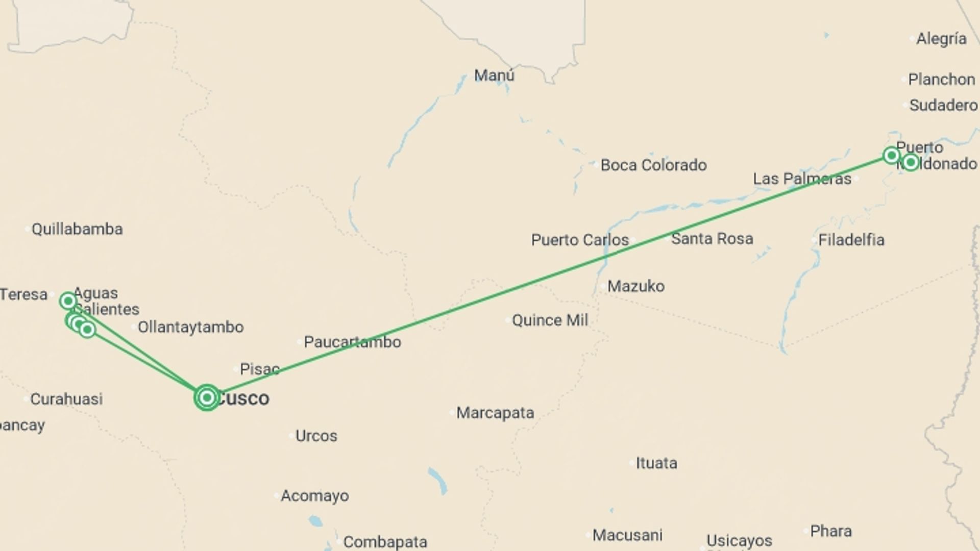 A map showing the tour itinerary for the trip: Machu Picchu Trek & Amazon Combo 13D/12N, starting in Cusco, Peru and ending in Cusco, Peru going through 5 other destinations.