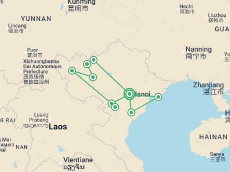 Map of Indochina Explorer Tour with 9 destination visits for the trip: Mystique Vietnam - 13 days