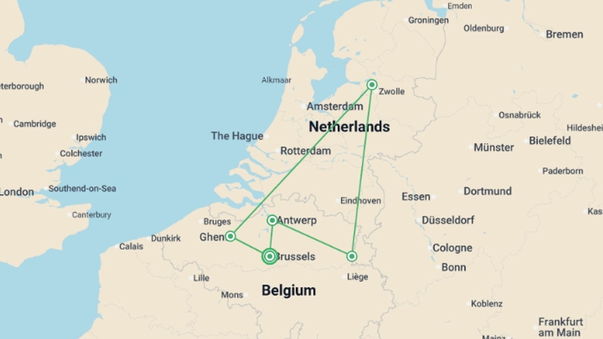 A map showing the tour itinerary for the trip: Belgian Holiday Markets (2027), starting in Brussels, Belgium and ending in Brussels, Belgium going through 4 other destinations.