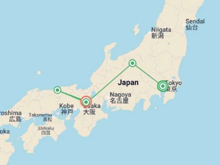 Map of 11-Day Japan Tour with 6 destination visits for the trip: Back Roads of Japan