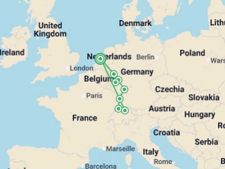 Map of Holland Tour with 8 destination visits for the trip: Magical Rhine and Moselle Rivers 