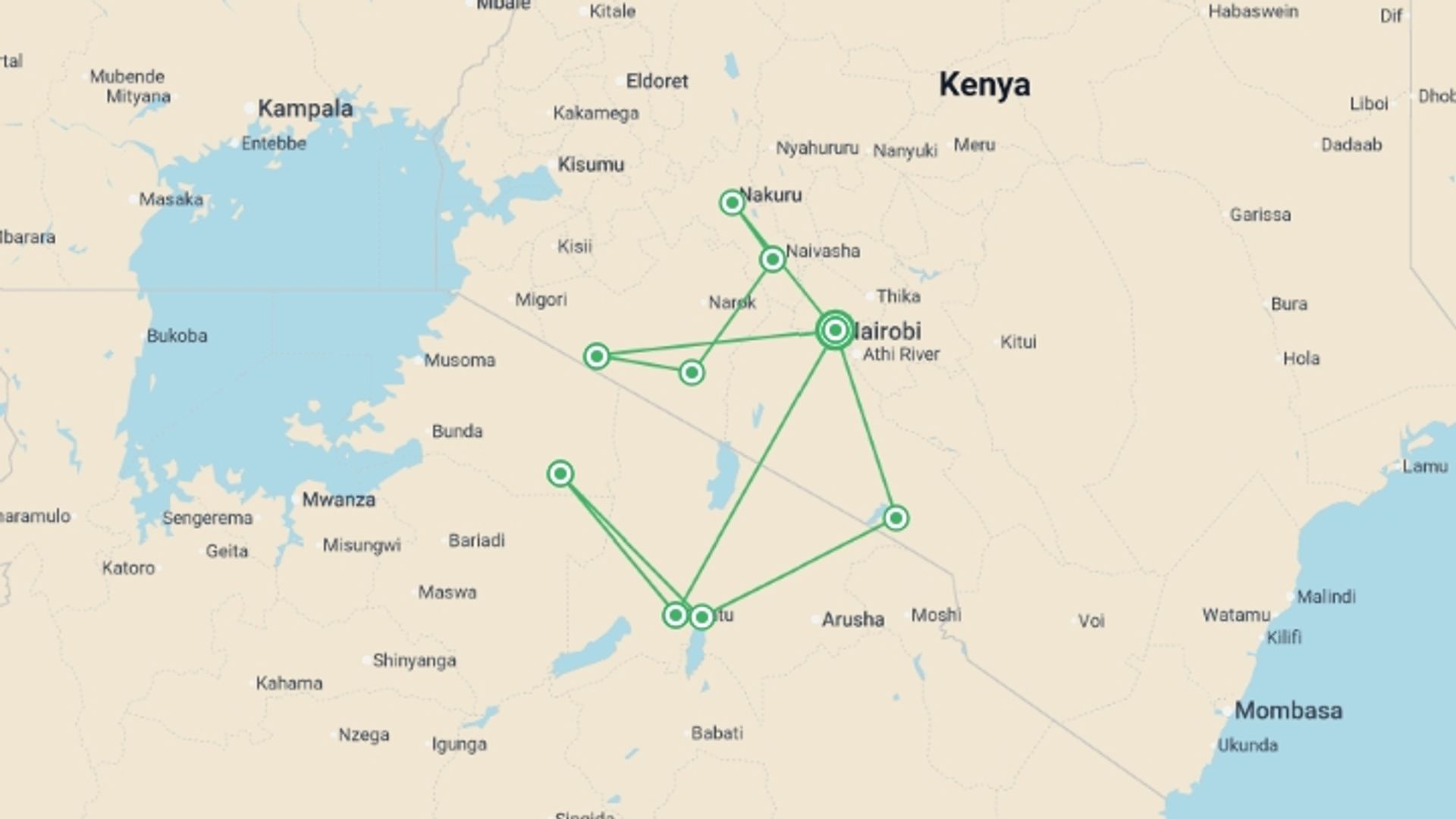 A map showing the tour itinerary for the trip: The Masai Heartlands, starting in Nairobi, Kenya and ending in Nairobi, Kenya going through 8 other destinations.