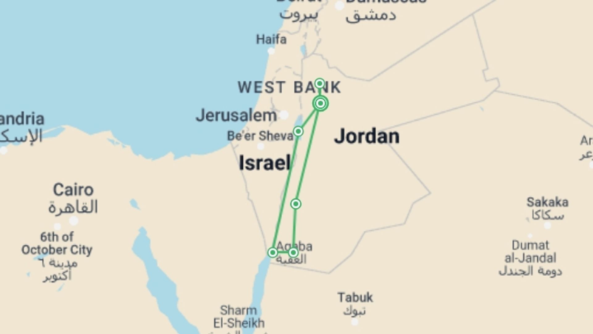 A map showing the tour itinerary for the trip: Upgraded - Treasures of Jordan, starting in Amman, Jordan and ending in Amman, Jordan going through 5 other destinations.