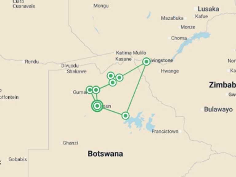 Map itinerary of Africa Tour in October 2026 with 8 destination visits for the trip: Wildlife & Wilderness of Botswana
