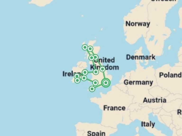 Map itinerary of England Tour in Summer with 13 destination visits for the trip: Britain and Ireland Panorama
