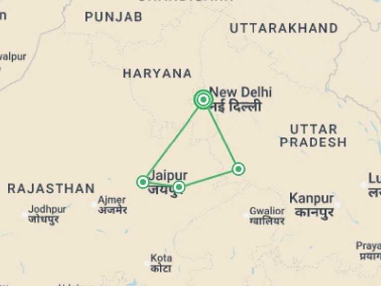 Map of a Sightseeing, attractions, culture and history Tour with 4 destination visits for the trip: India's Golden Triangle
