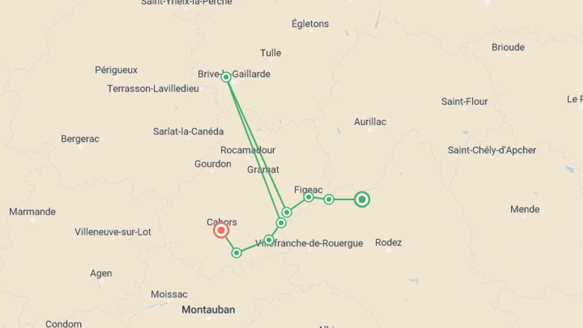 A map showing the tour itinerary for the trip: Le Puy Camino - Conques to Cahors, starting in The Way of St. James, France and ending in Cahors, France going through 7 other destinations.