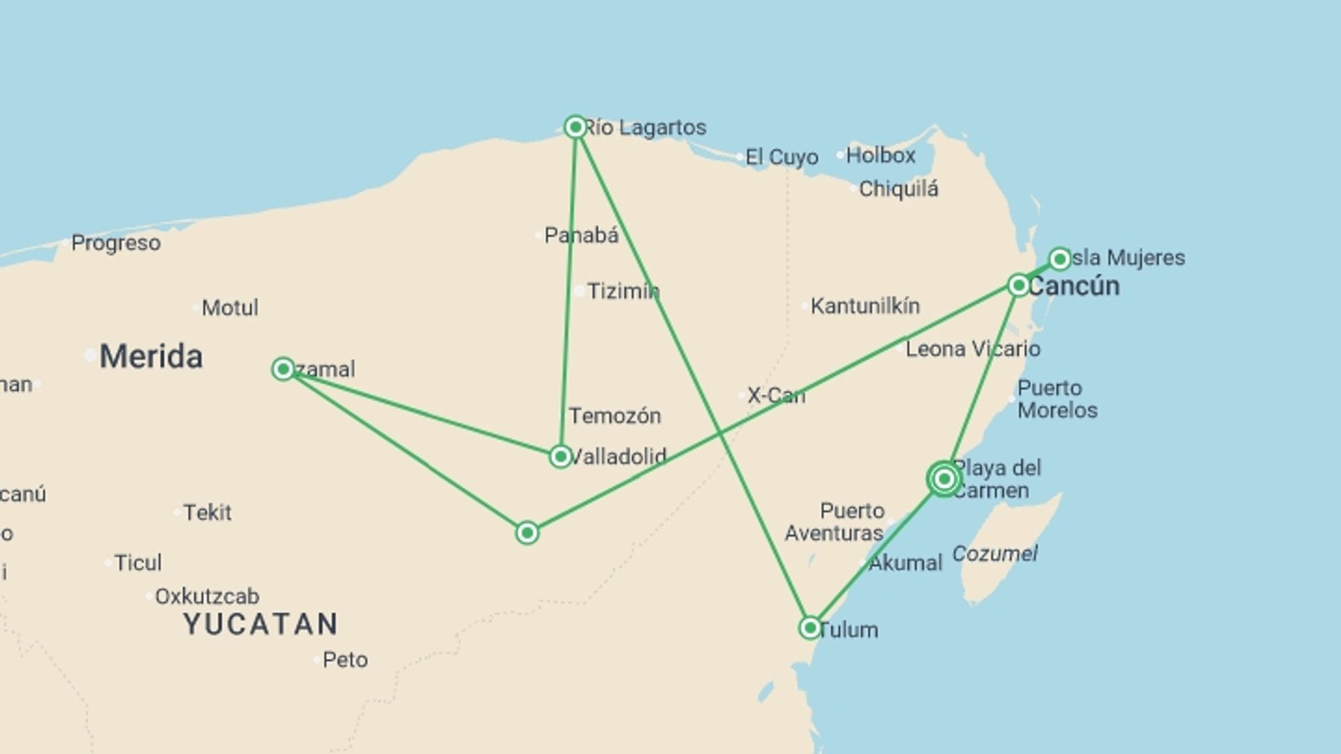 A map showing the tour itinerary for the trip: Cycle Mexico - The Yucatan Peninsula, starting in Playa Del Carmen, Mexico and ending in Playa Del Carmen, Mexico going through 7 other destinations.