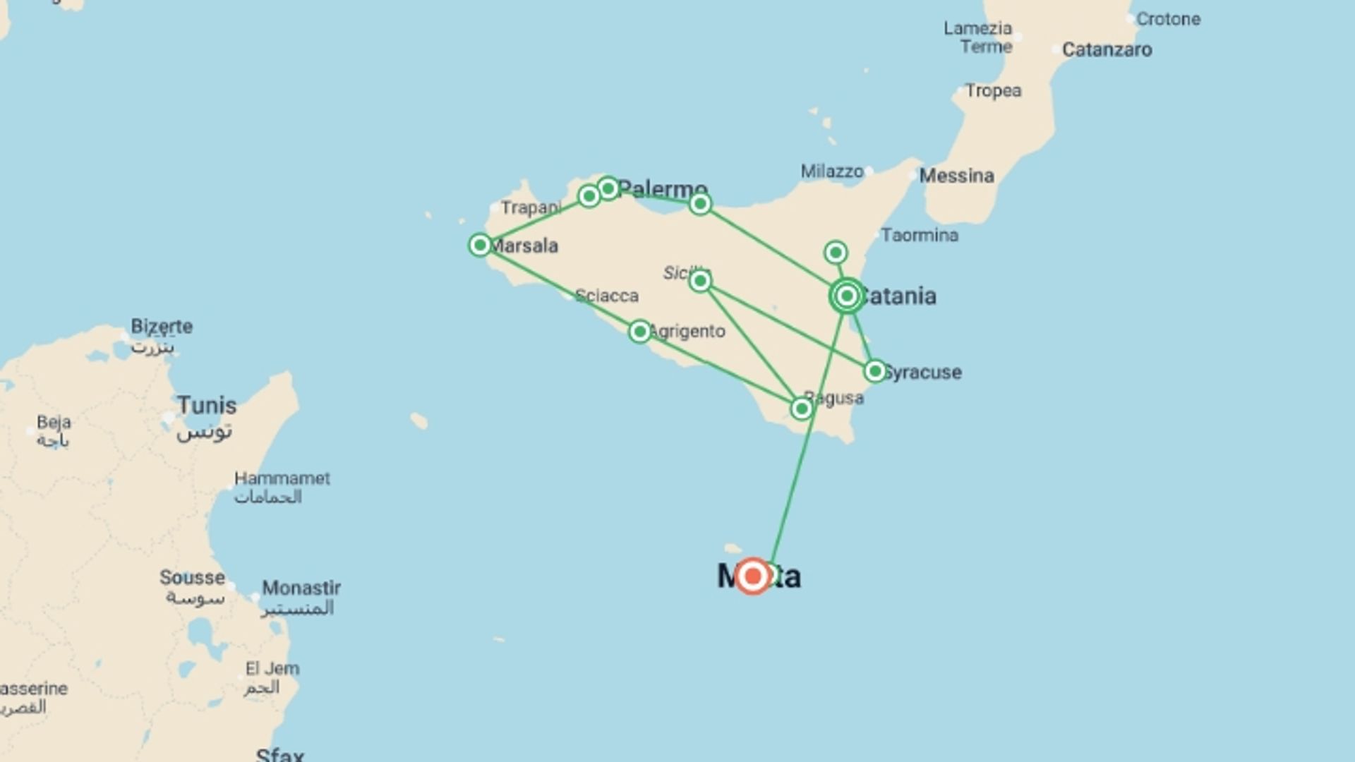 A map showing the tour itinerary for the trip: Sicily & Malta Signature, starting in Catania, Italy and ending in Mdina, Malta going through 5 other destinations.