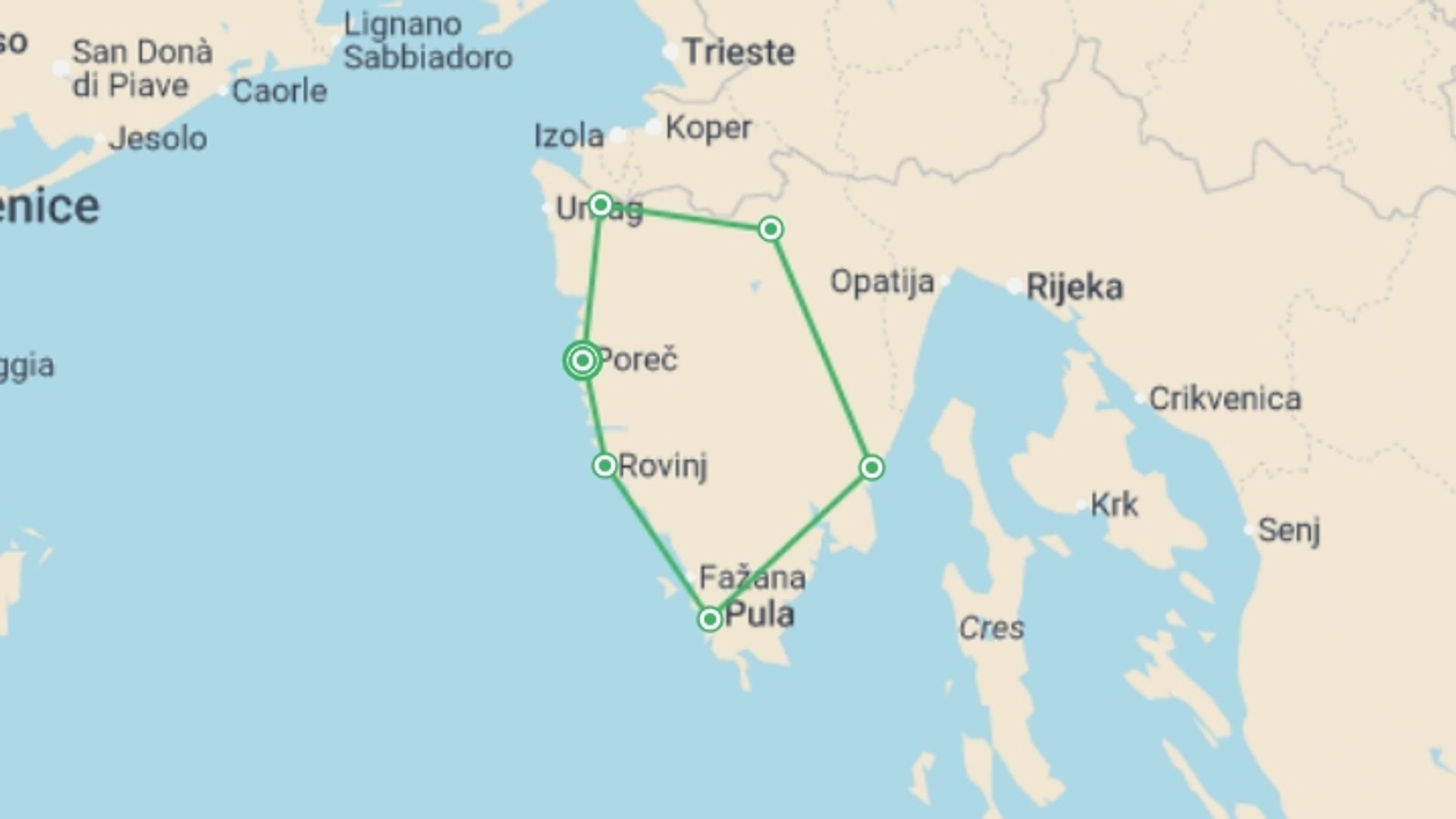 A map showing the tour itinerary for the trip: Istrian Cycle Explorer, starting in Porec, Croatia and ending in Porec, Croatia going through 5 other destinations.