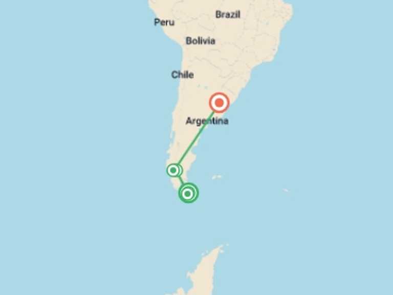 Map itinerary of South America Tour in March 2027 with 6 destination visits for the trip: Argentina: Ushuaia, Calafate & Buenos Aires - 7 days