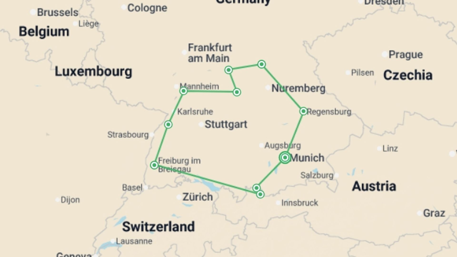 A map showing the tour itinerary for the trip: A Journey through Germany, starting in Munich, Germany and ending in Munich, Germany going through 5 other destinations.