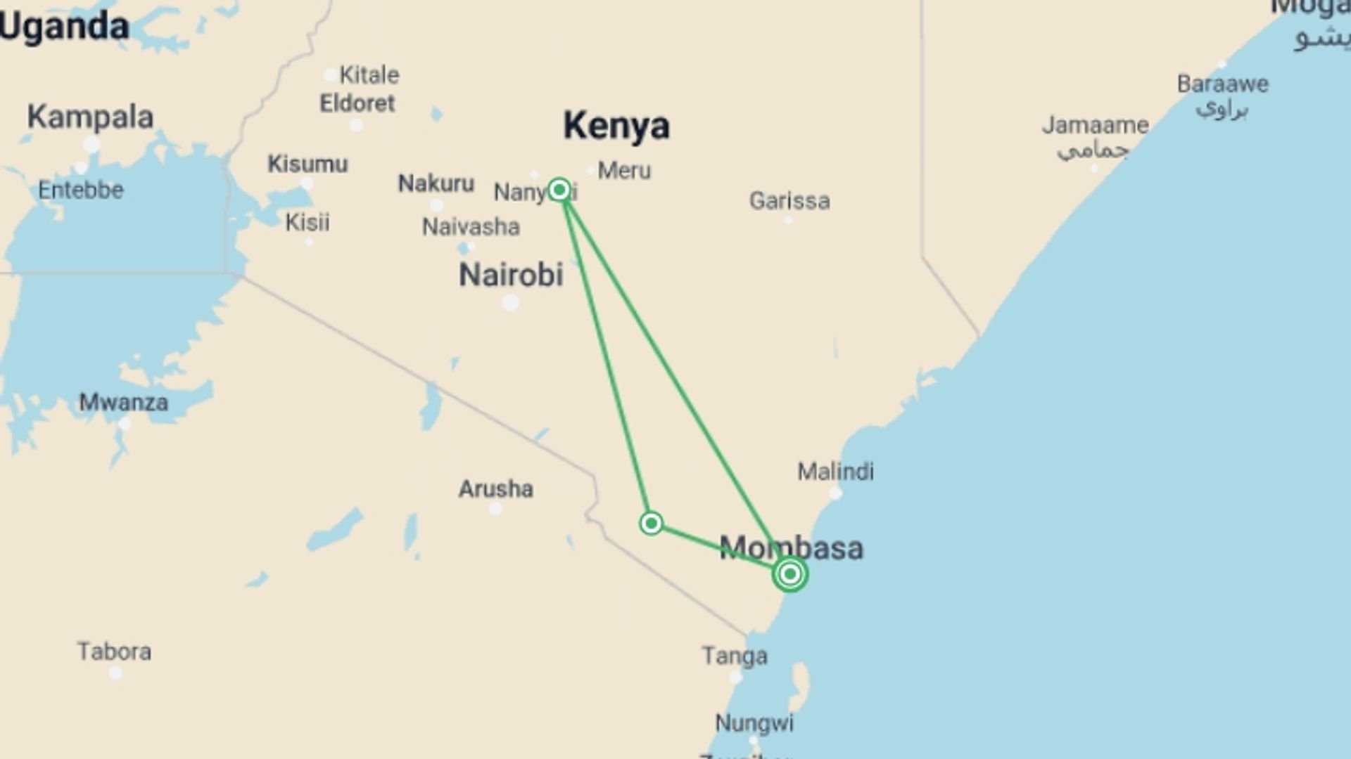 A map showing the tour itinerary for the trip: Safari To The Shimba Hills, Ngutuni & Salt Lick, Short Break (on Request), starting in Mombasa, Kenya and ending in Mombasa, Kenya going through 2 other destinations.