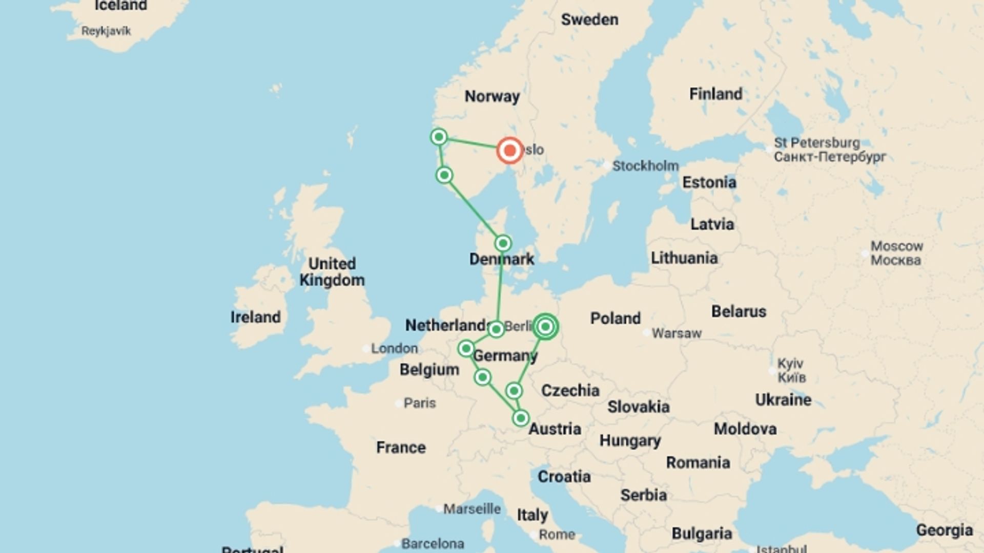 A map showing the tour itinerary for the trip: Germany and Norway, starting in Berlin, Germany and ending in Oslo, Norway going through 8 other destinations.