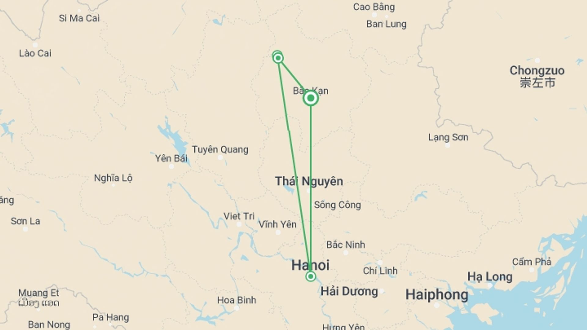 A map showing the tour itinerary for the trip: Trekking In Remote Regions Of Ba Be 5 Days 4 Nights, starting in Bac Kan, Vietnam and ending in Bac Kan, Vietnam going through 3 other destinations.