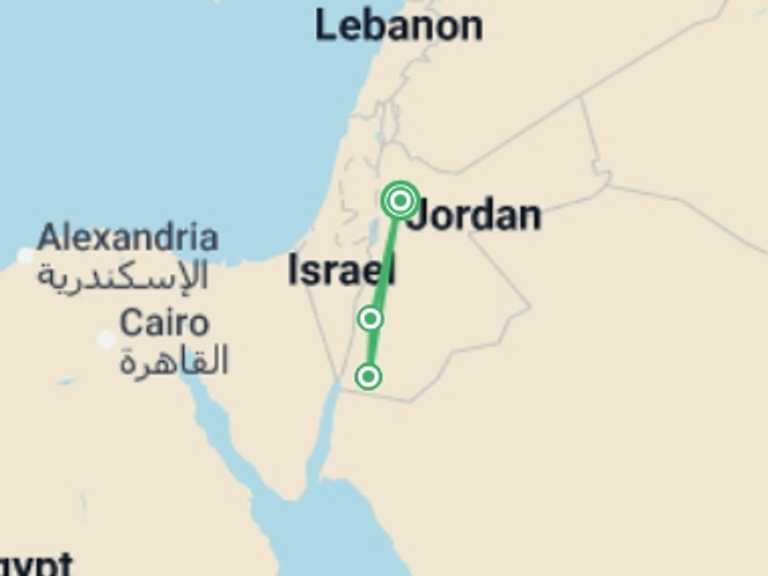 Map of a Adventure and sport Tour with 3 destination visits for the trip: Petra & Wadi Rum Trek