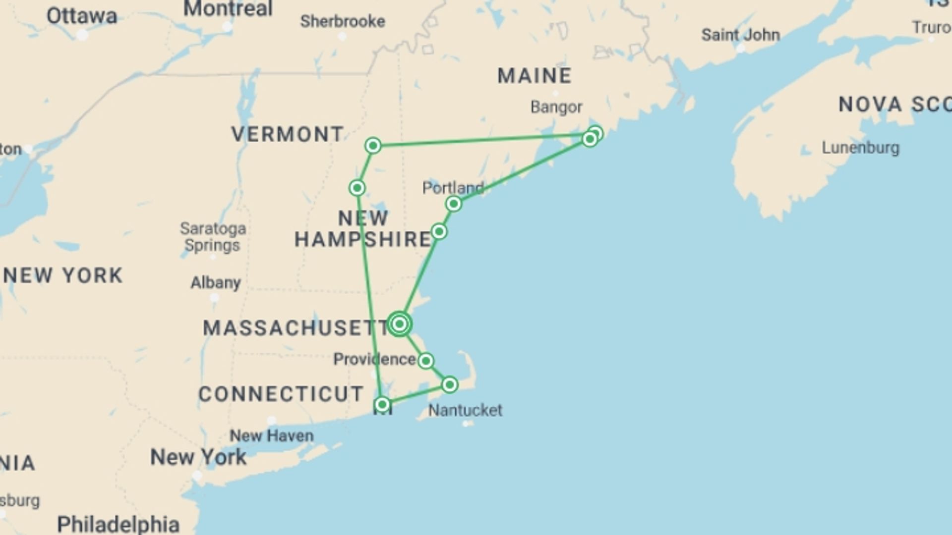 A map showing the tour itinerary for the trip: Colours of New England, starting in Boston, USA and ending in Boston, USA going through 7 other destinations.