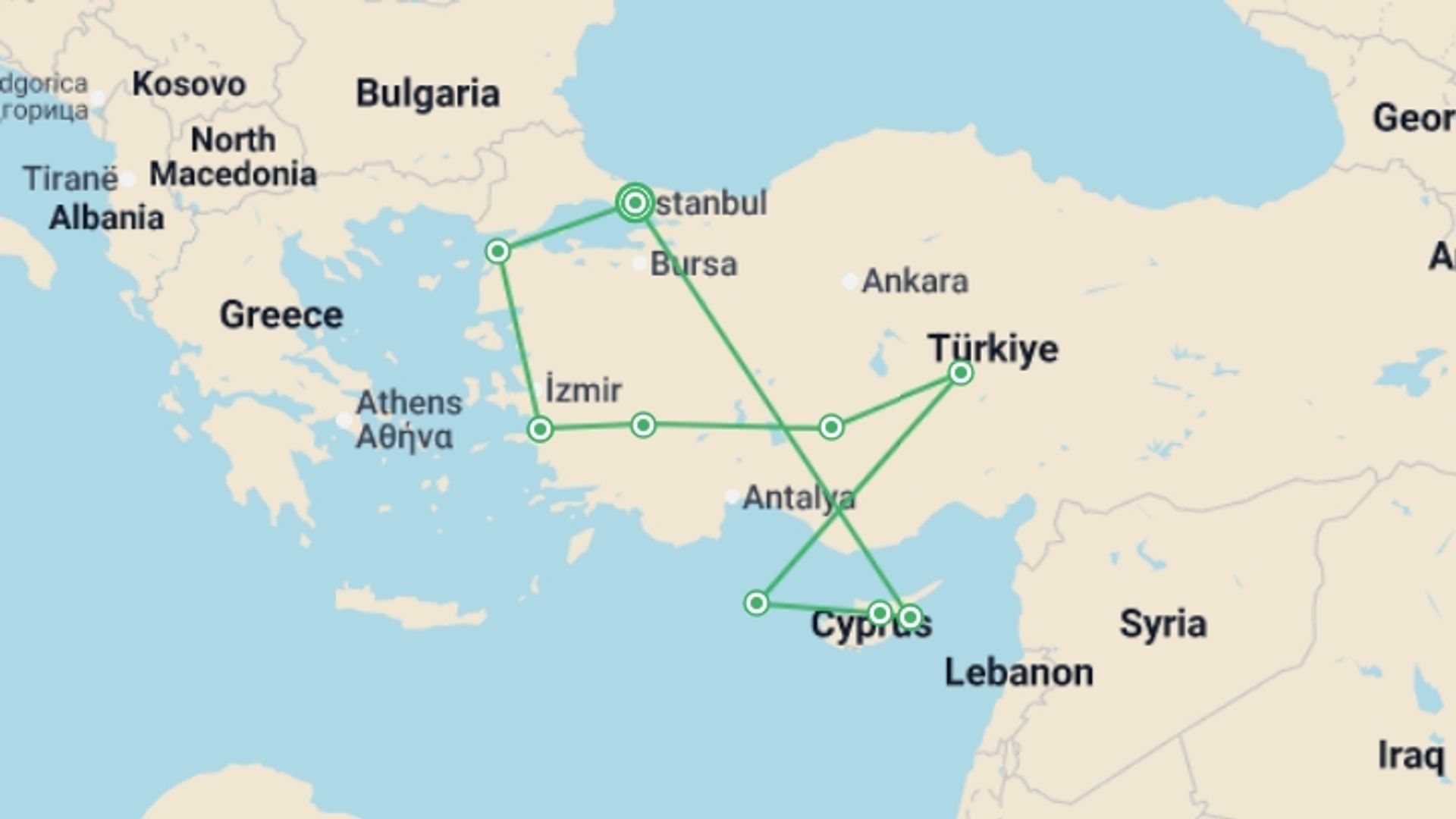 A map showing the tour itinerary for the trip: Magical Turkey with Cyprus Sun, starting in Istanbul, Turkey and ending in Istanbul, Turkey going through 8 other destinations.