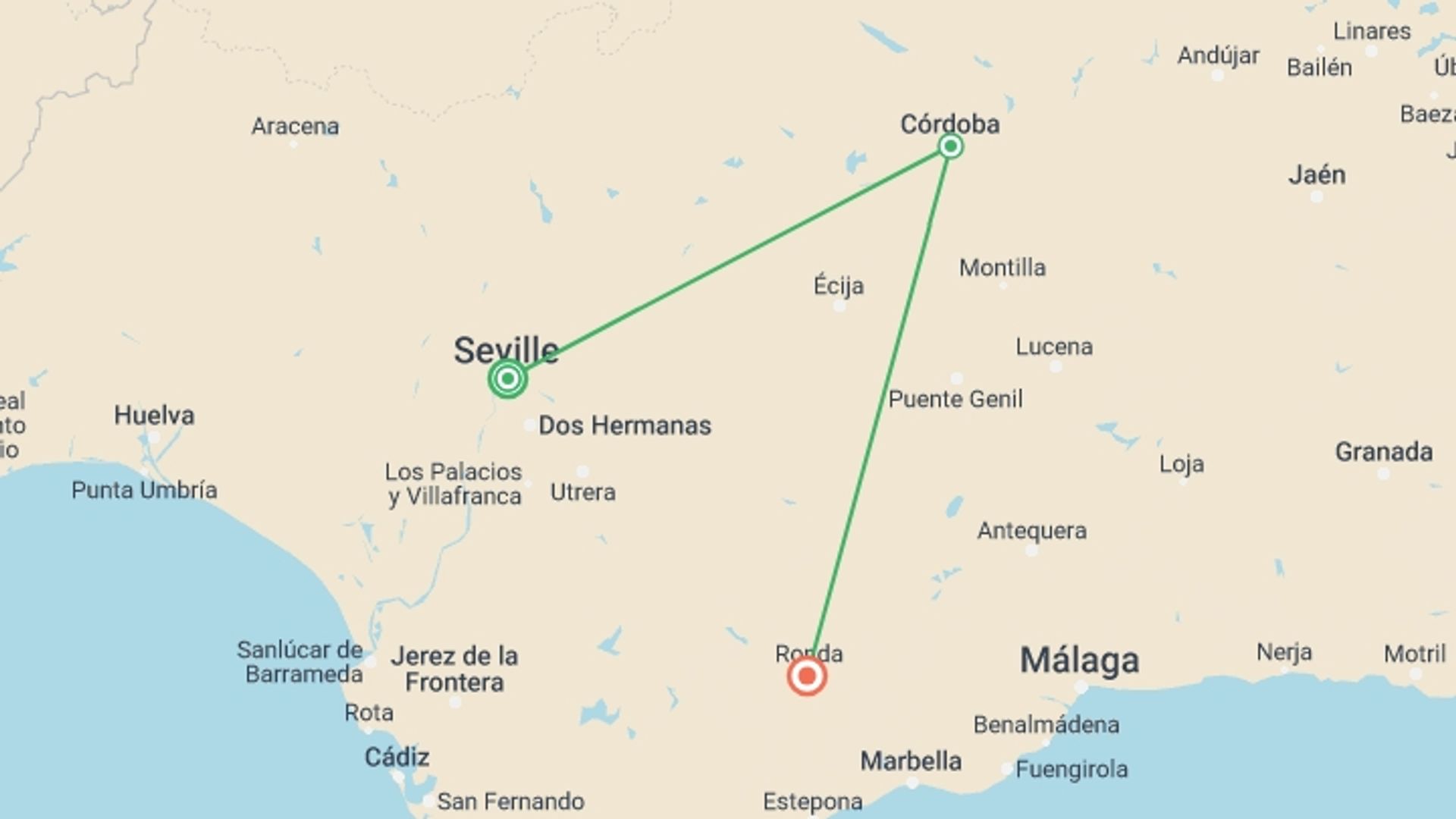 A map showing the tour itinerary for the trip: Andalusia Classic Tour: 4 Days, starting in Seville, Spain and ending in Ronda, Spain going through 1 other destinations.