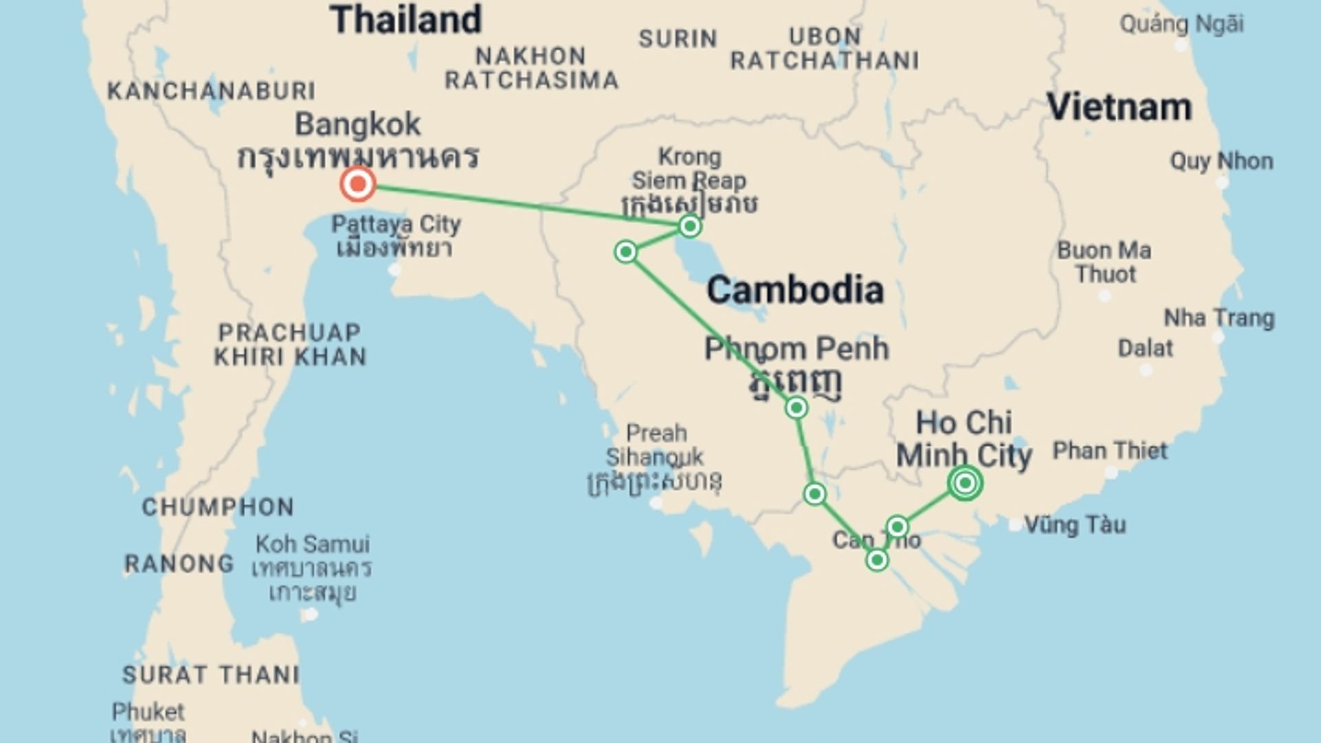 A map showing the tour itinerary for the trip: Fantastic Cambodia & Thailand (4 Star Hotels), starting in Ho Chi Minh City, Vietnam and ending in Bangkok, Thailand going through 5 other destinations.