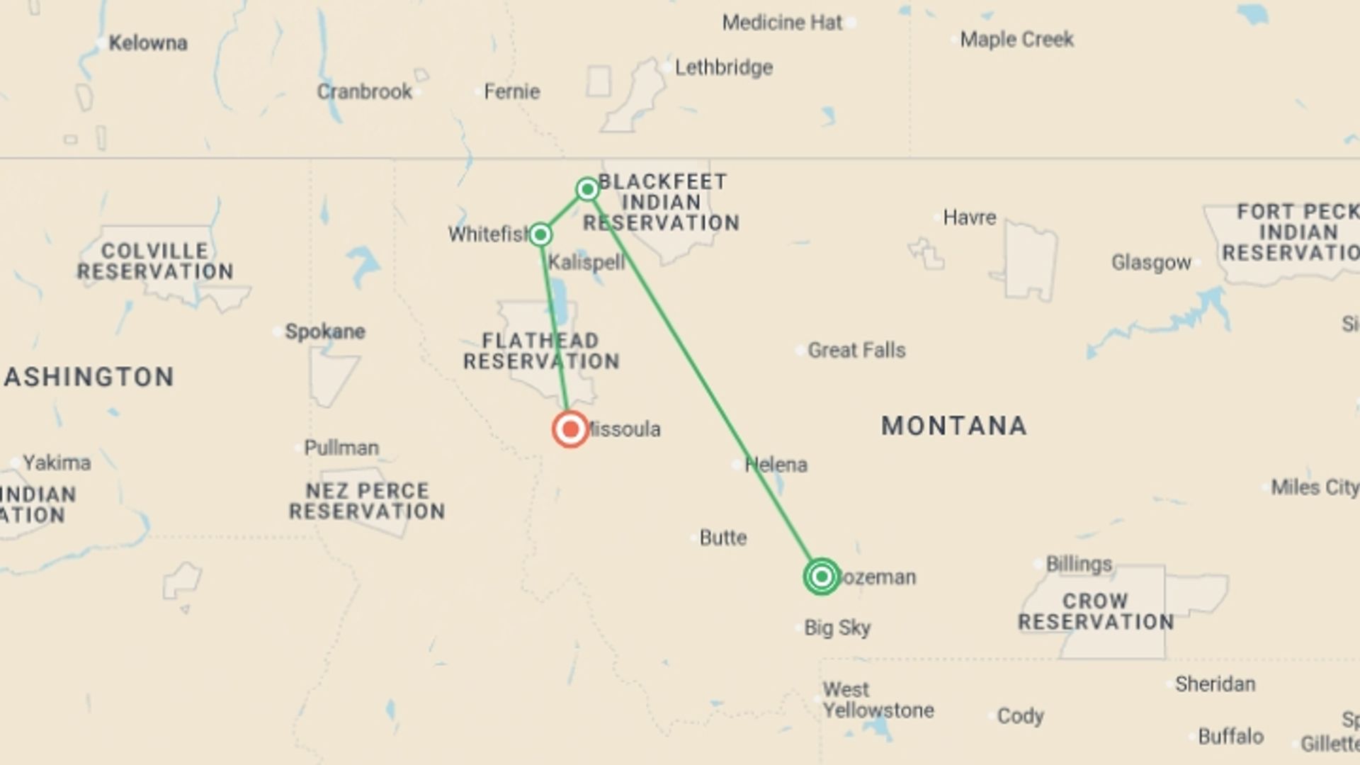 A map showing the tour itinerary for the trip: Best of Montana, starting in Bozeman, USA and ending in Missoula, USA going through 2 other destinations.