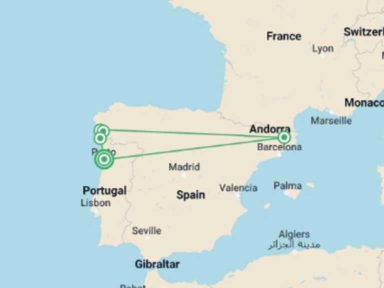 Map itinerary of Spain Tour in July 2027 with 7 destination visits for the trip: Seafood and Paradores Bike Tour - Wine & Food Lovers
